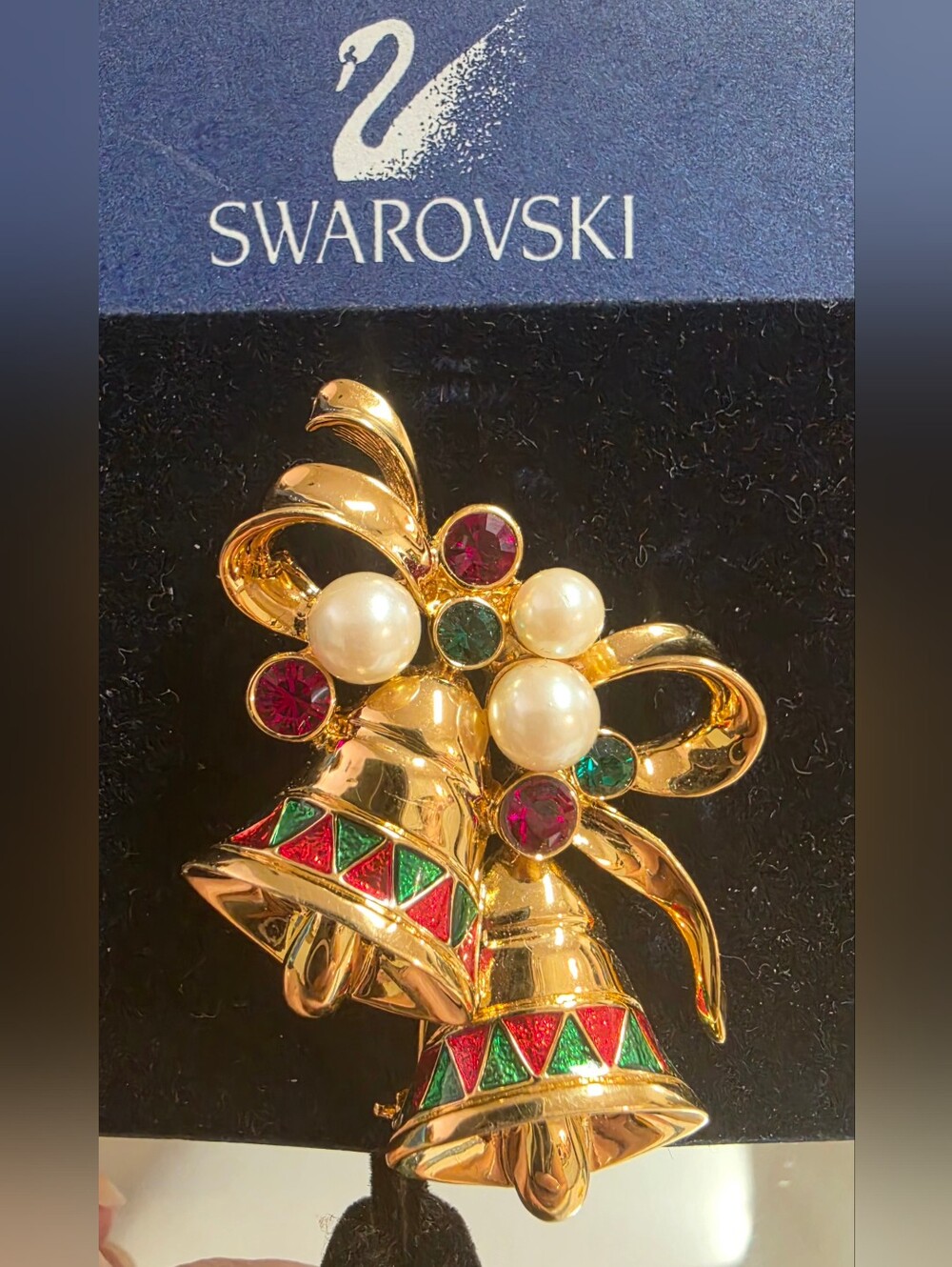 Swarovski Gold-tone Holiday Bell Brooch with Red, Green & Pearl Accents